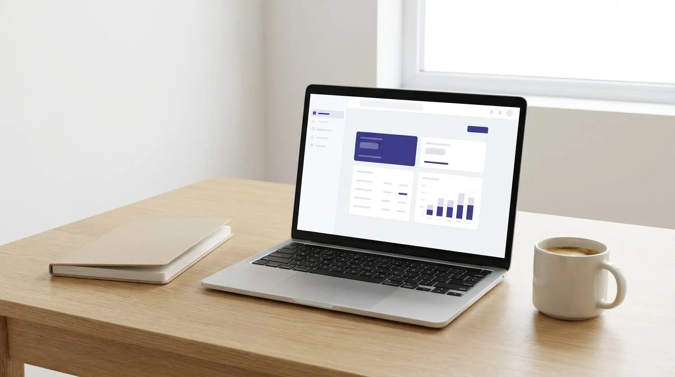 A calm, light-theme scene showing a laptop with a research dashboard on screen and a clean workspace.