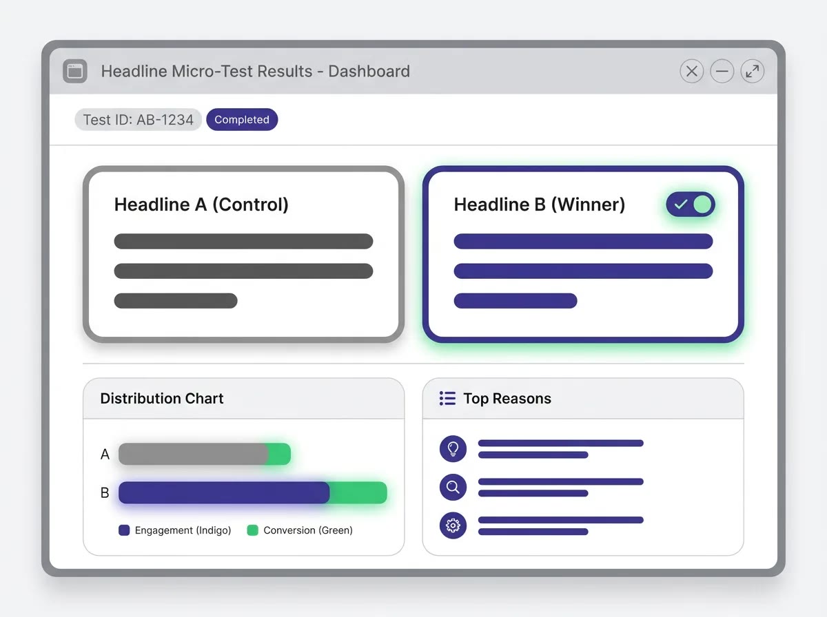 A light-theme visual showing a quick A/B style micro-test for copy and small creative decisions.